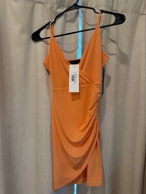 Women’s Mini Dress in Orange - Sleeveless Draped V-Neck